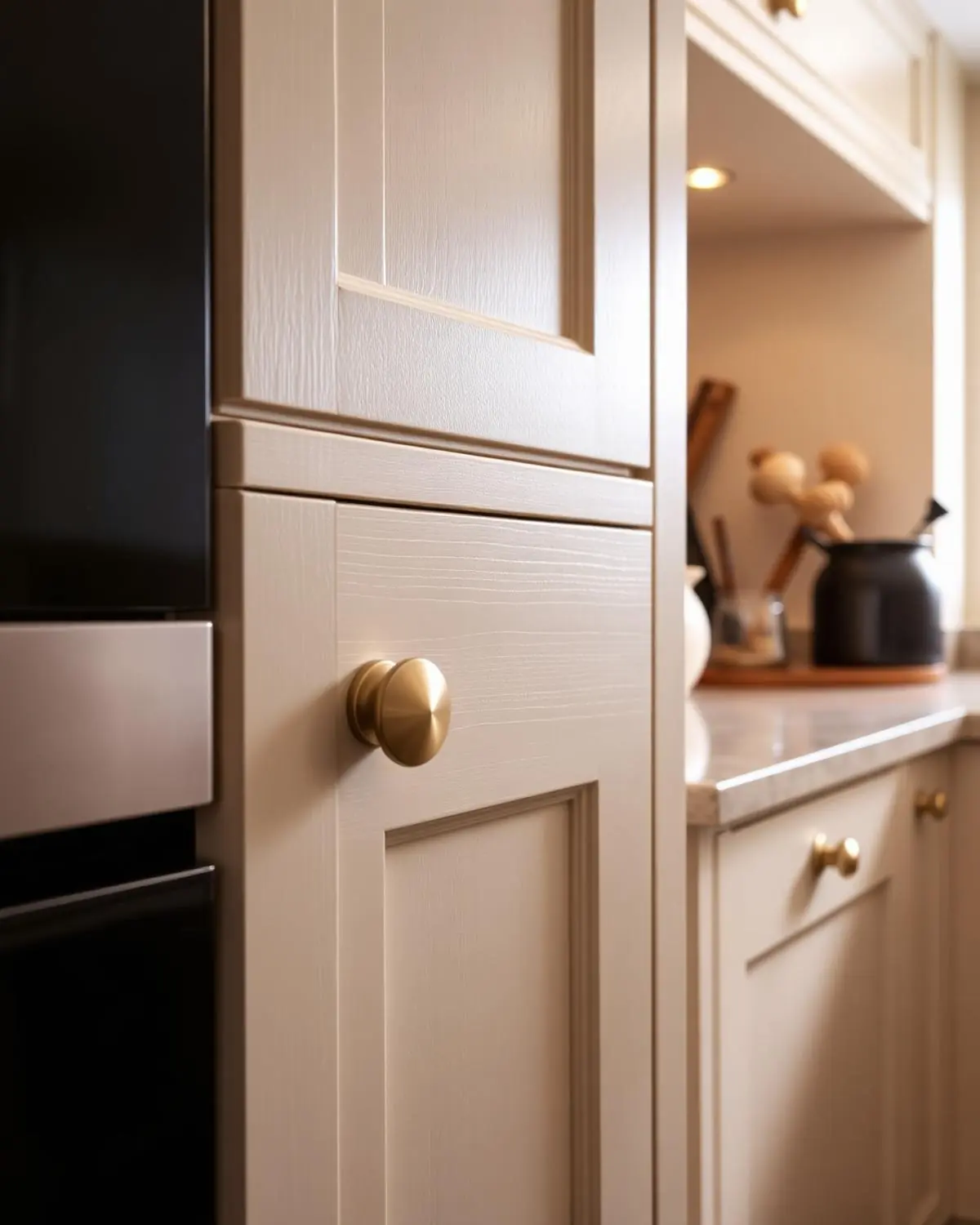 Cream shaker cabinet with brushed brass knob detail