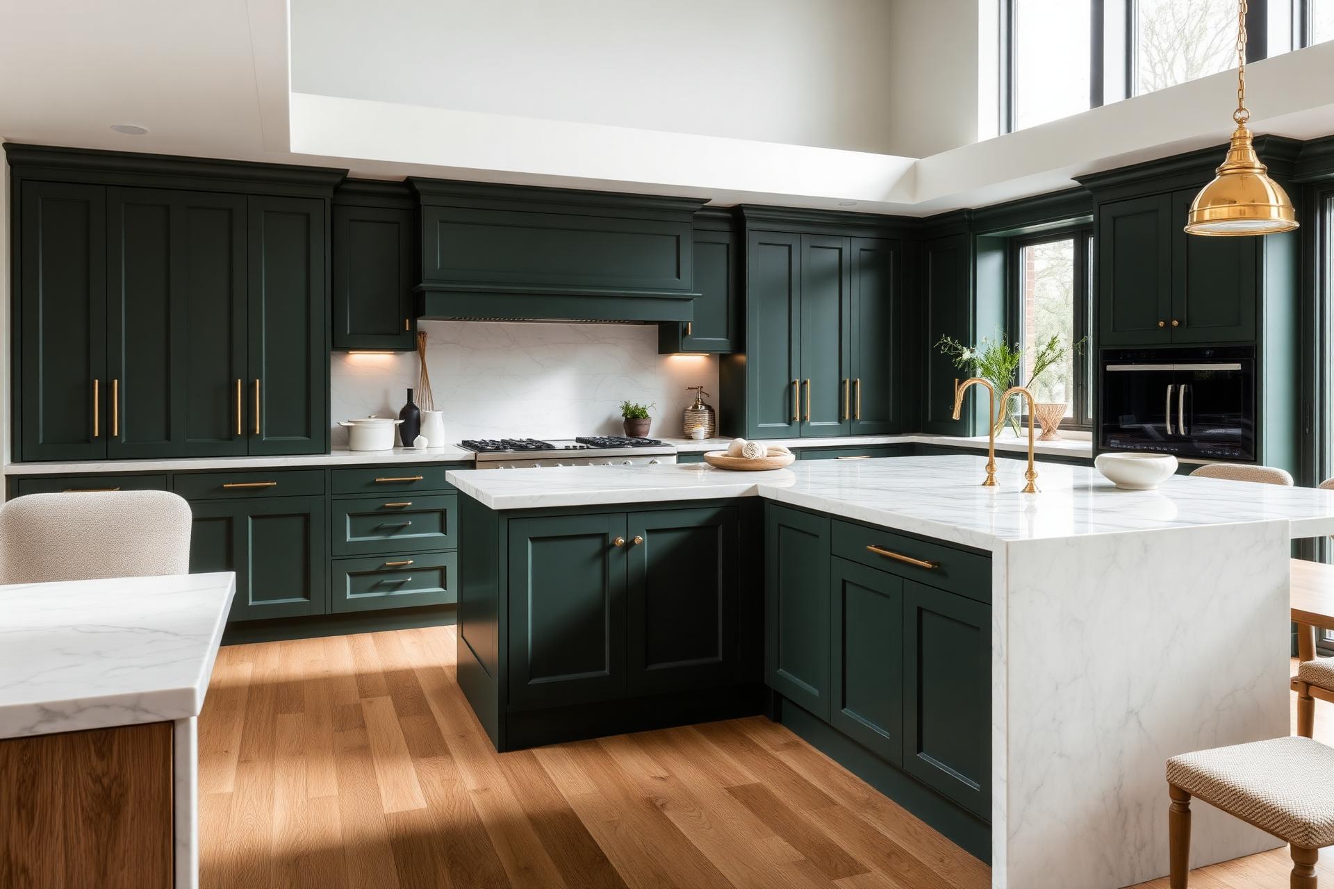 Bespoke green shaker kitchen with marble island and brass fixtures