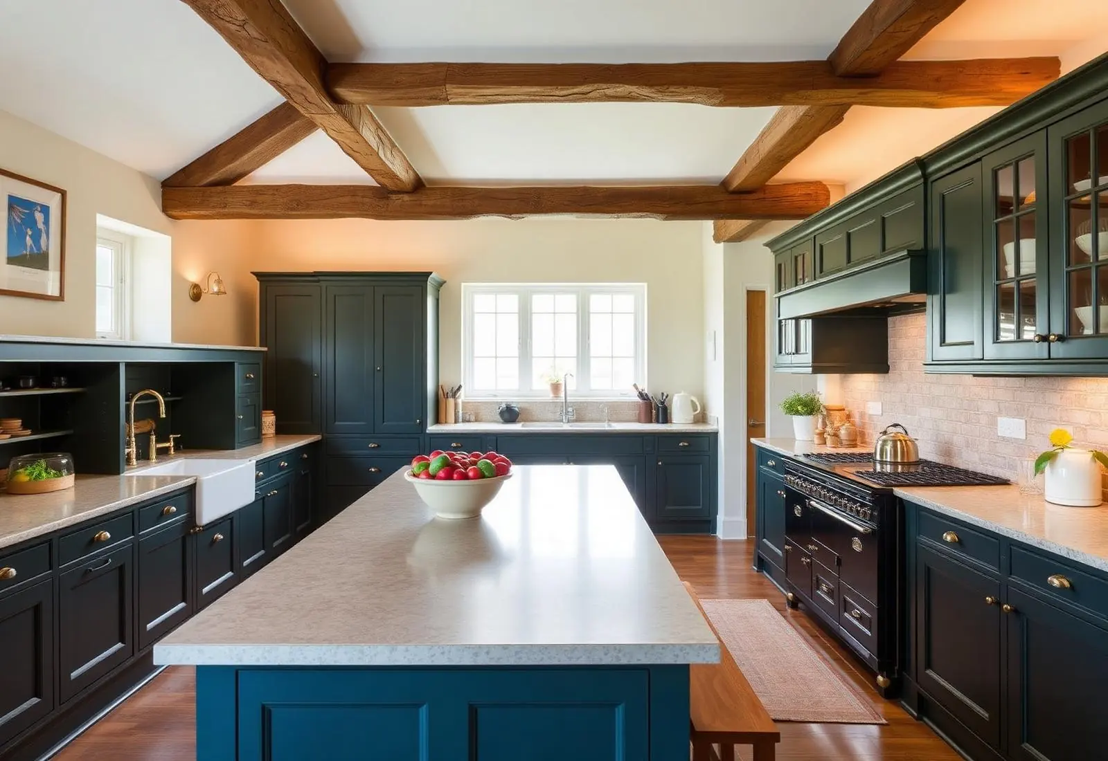 Traditional country kitchen with exposed beams and green cabinetry