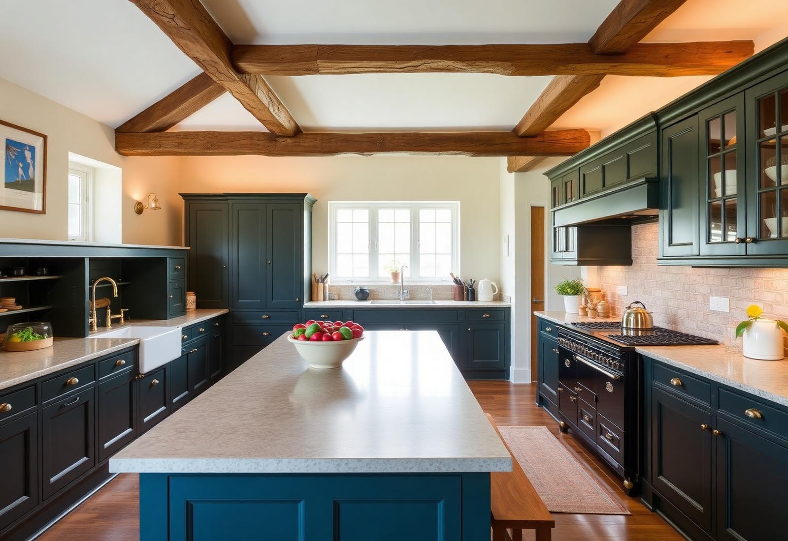 Traditional country kitchen with exposed beams and green cabinetry
