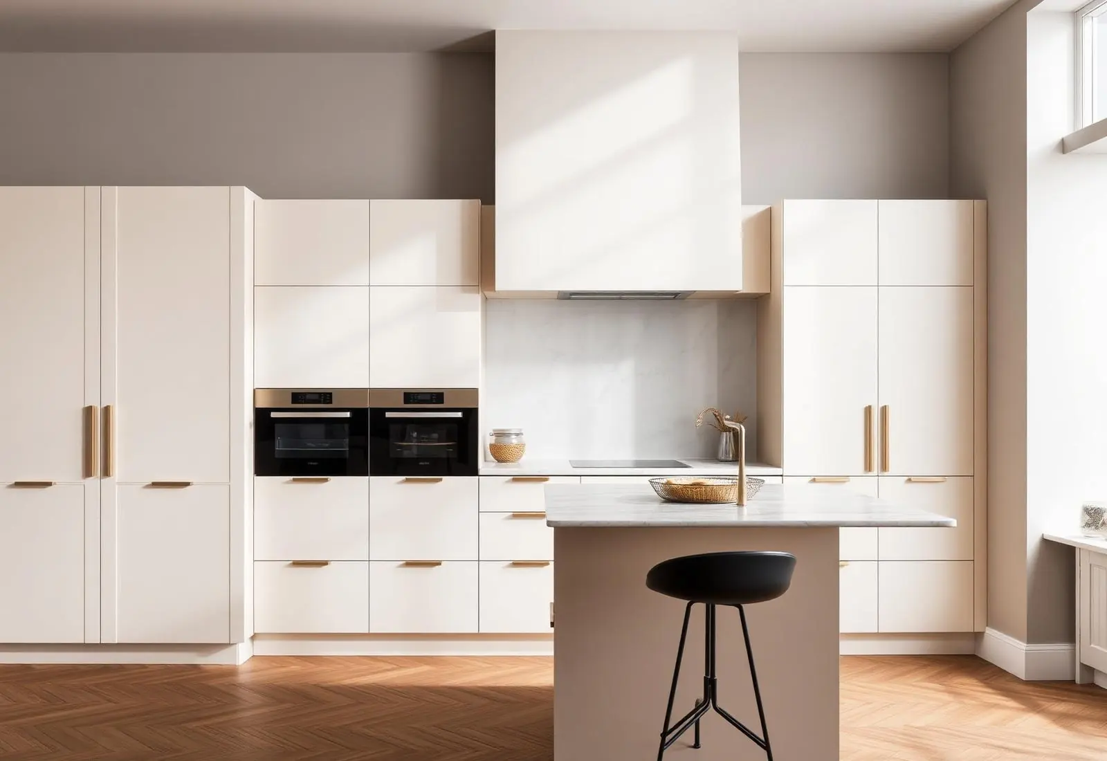 Contemporary handleless kitchen in cream with brass accents