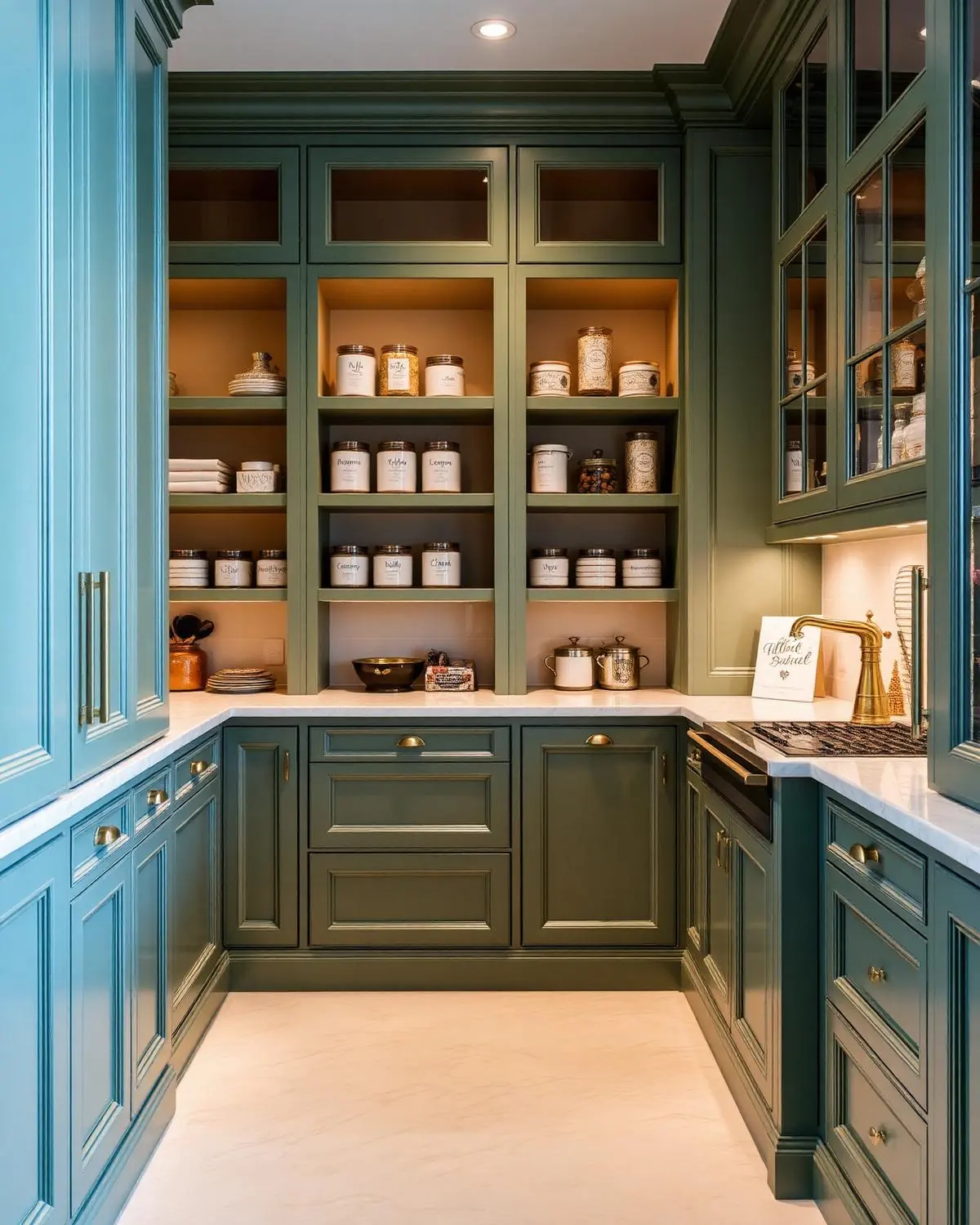 Bespoke green pantry room with brass details